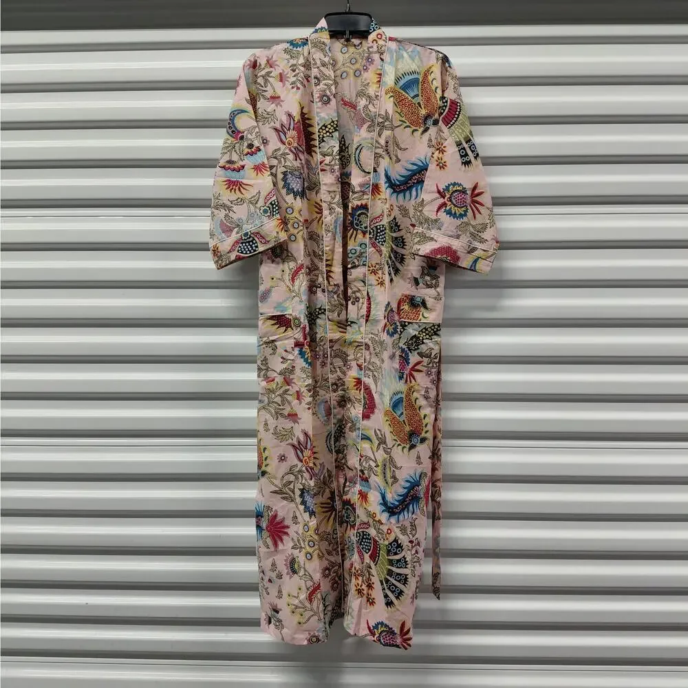 Pink Floral Kimono Robe One Size Boho Spa Lounge Cover Up Sleepwear Vacation